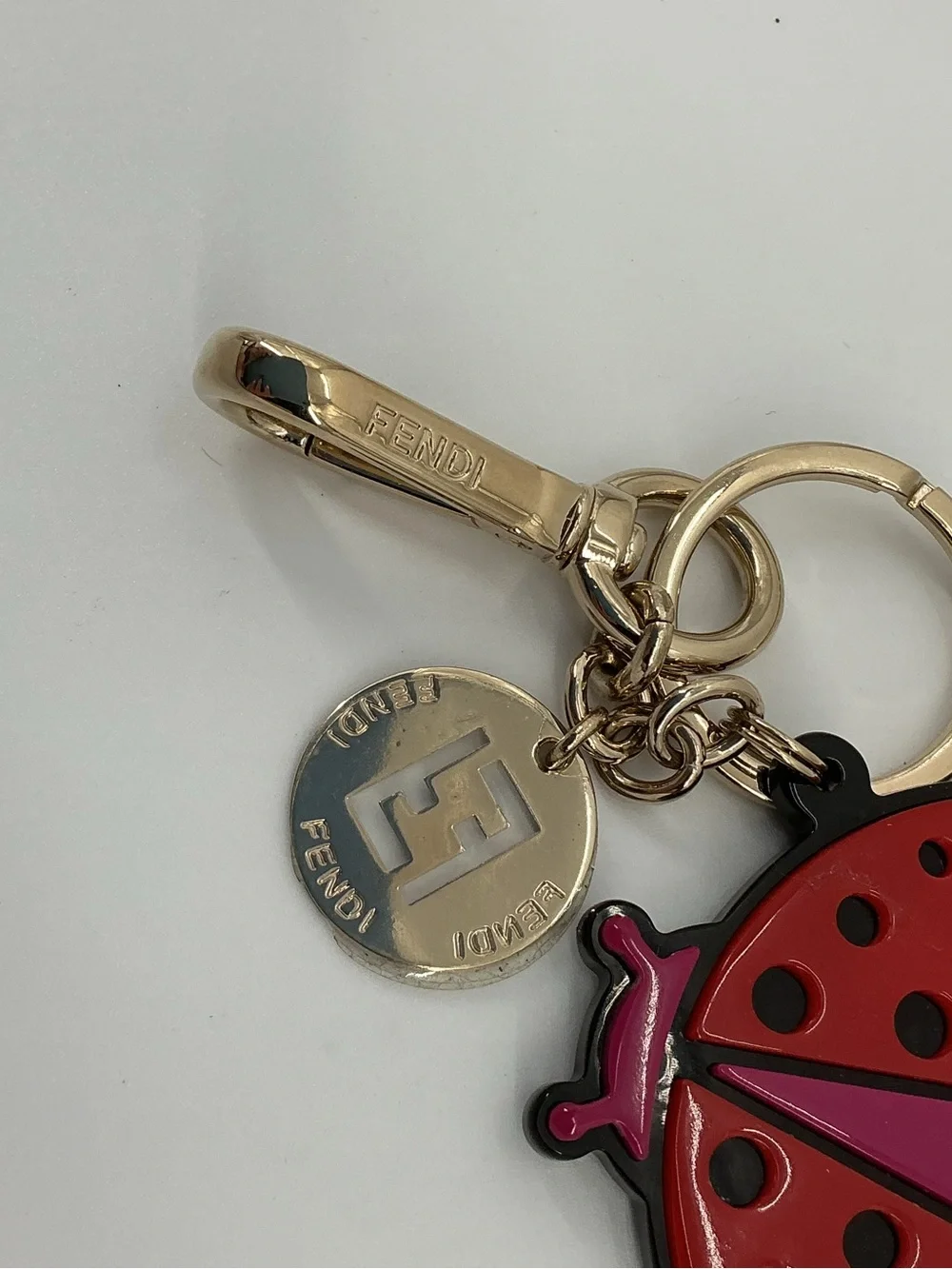 Fendi Ladybug Bug Keychain Bag Charm Red Pink Gold Tone Logo Charm
